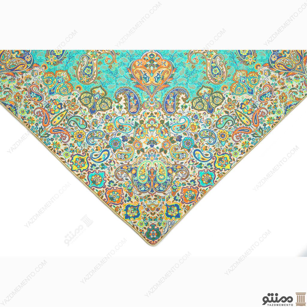 رومیزی ترمه مربع طرح ماندانا رنگ فیروزه ای