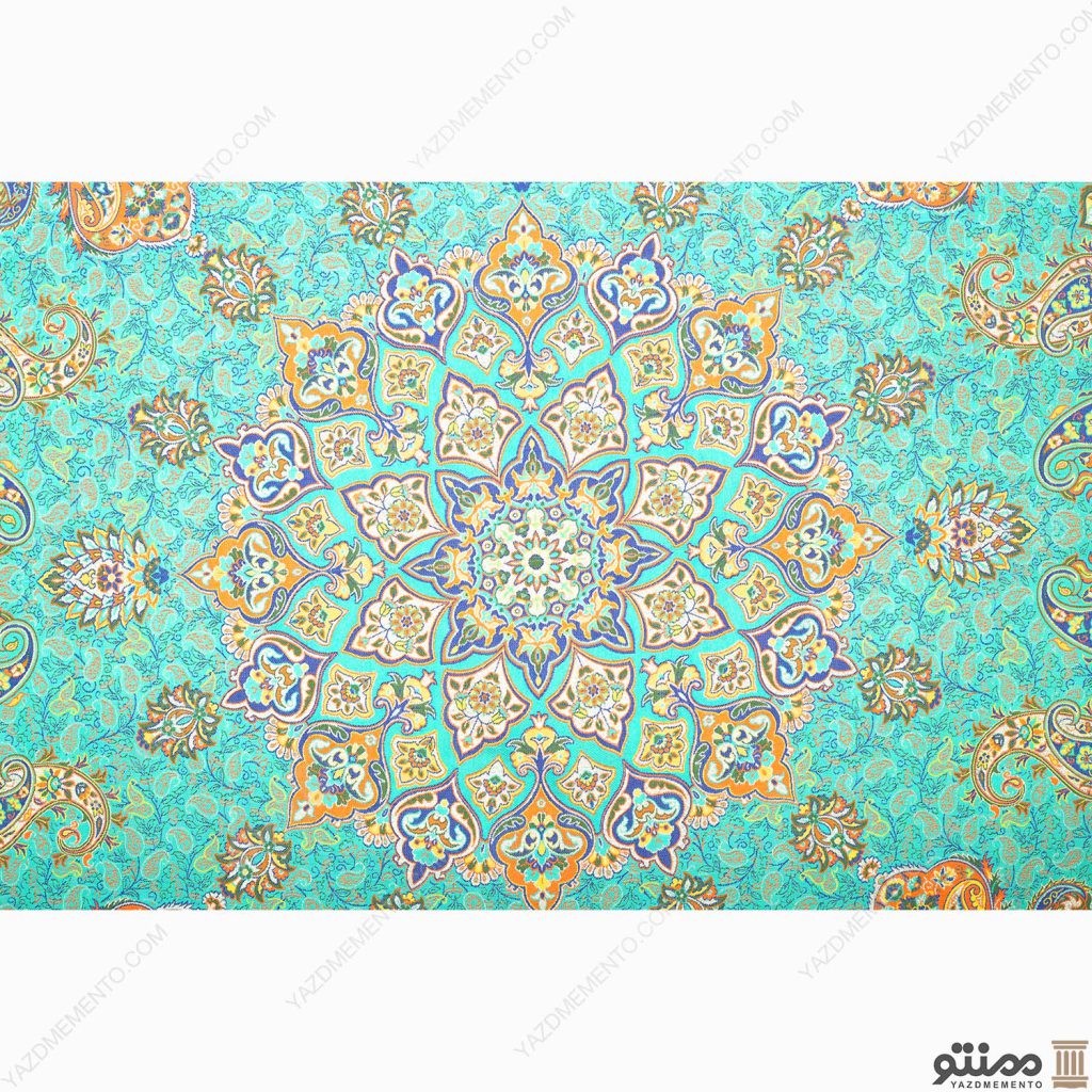 رومیزی ترمه مربع طرح ماندانا رنگ فیروزه ای