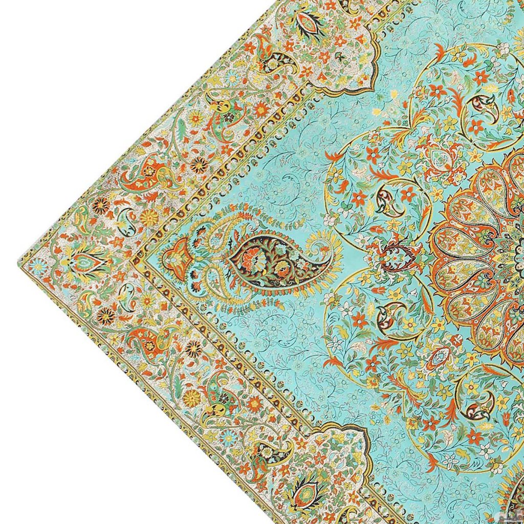 رومیزی مربع ترمه طرح افشار رنگ سبز آبی
