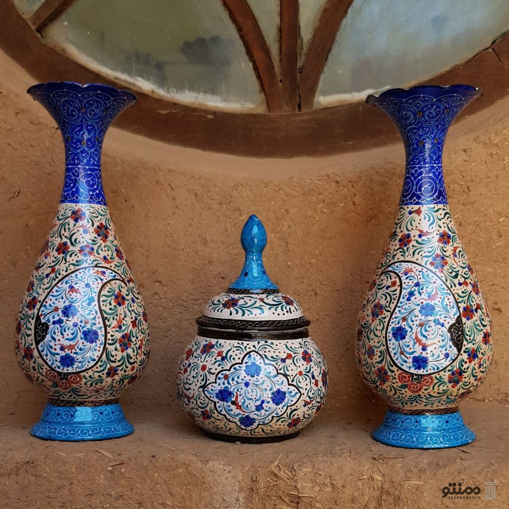 ست 3 تکه گلدان و قندان میناکاری