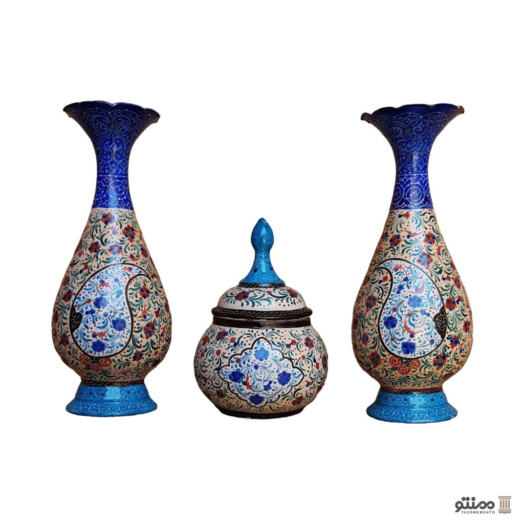 ست 3 تکه گلدان و قندان میناکاری