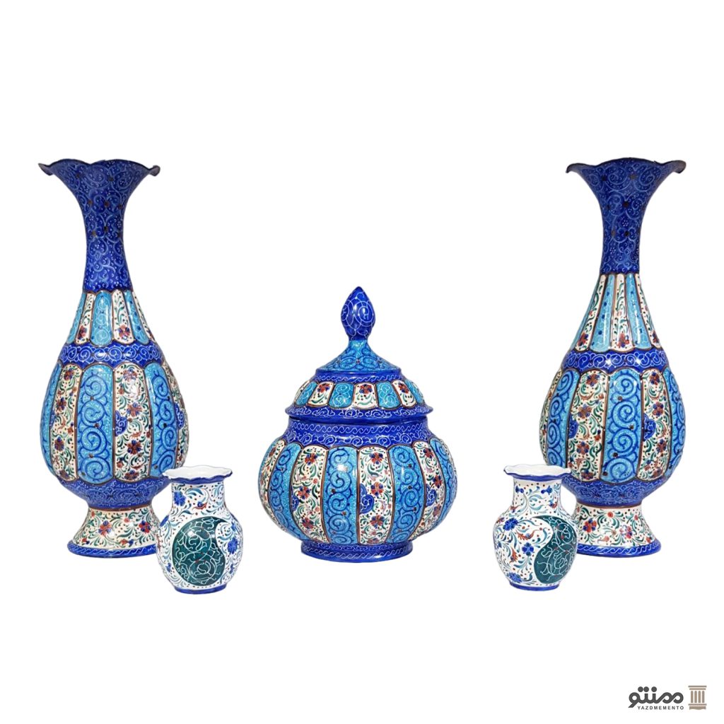 ست 5 تکه گلدان و قندان میناکاری