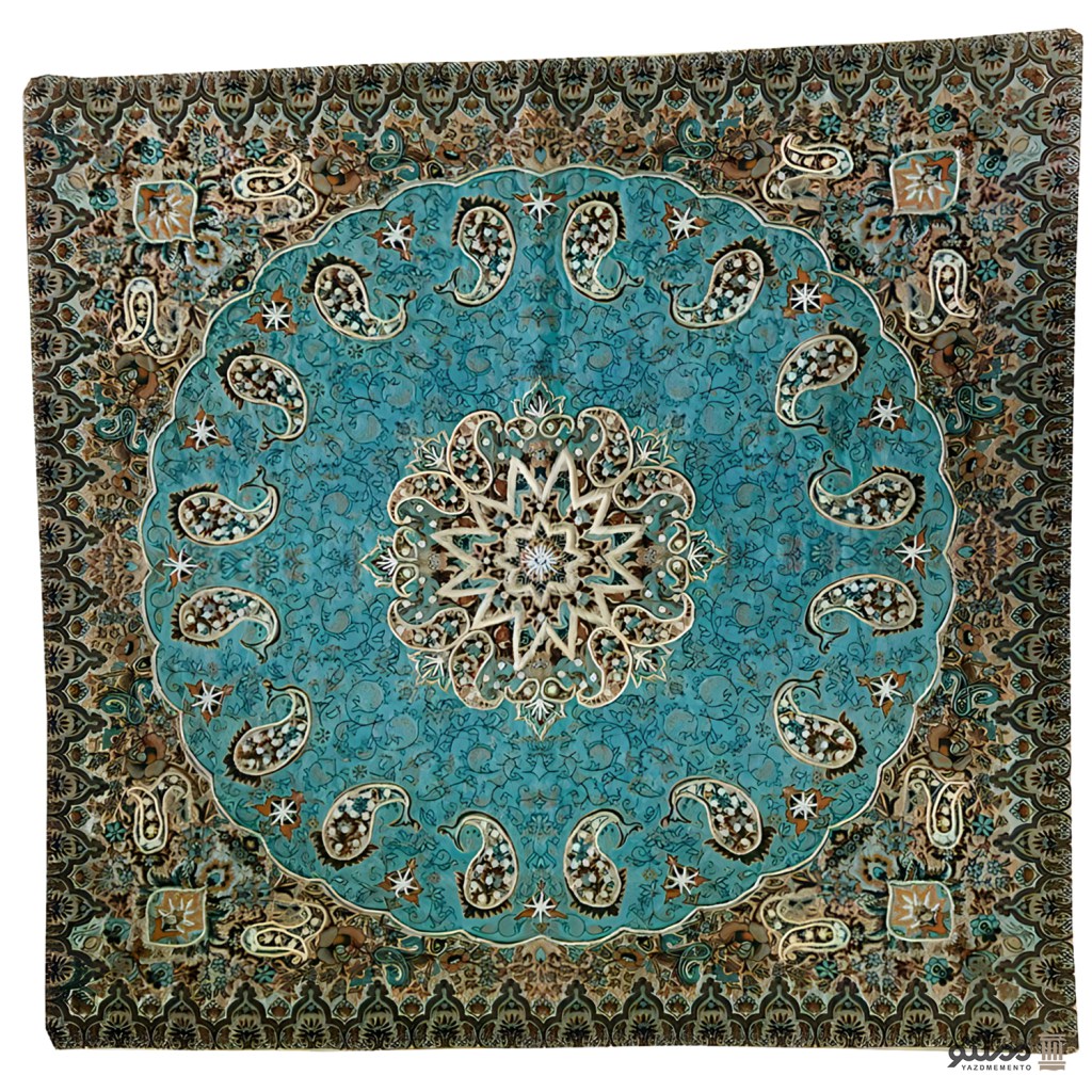 رومیزی مربع ترمه طرح سپهر سرمه دوزی فیروزه ای