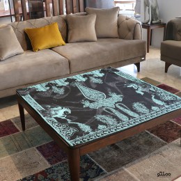 رومیزی مربع ترمه طرح چوگان رنگ مشکی آبی فیروزه ای