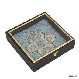 رومیزی ترمه مربع طرح شاه عباسی آبی با جعبه