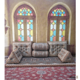 پشتی سنتی شاه نشین ترمه طرح بوستان – ست ۷ تکه کرم