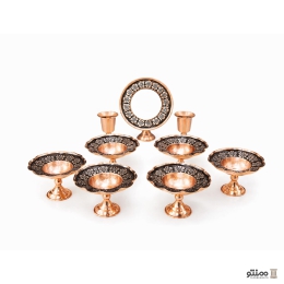 ست هفت سین پیاله، شمعدان و آینه سیاه قلم مسی 9 تکه