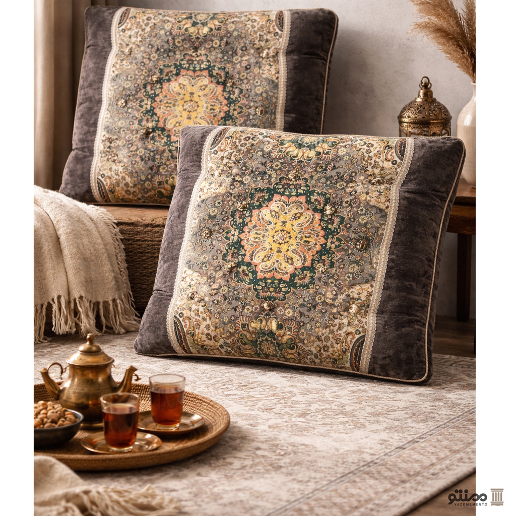 پشتی سنتی ترمه ونوس – بسته 2 عددی طوسی کنار مخمل