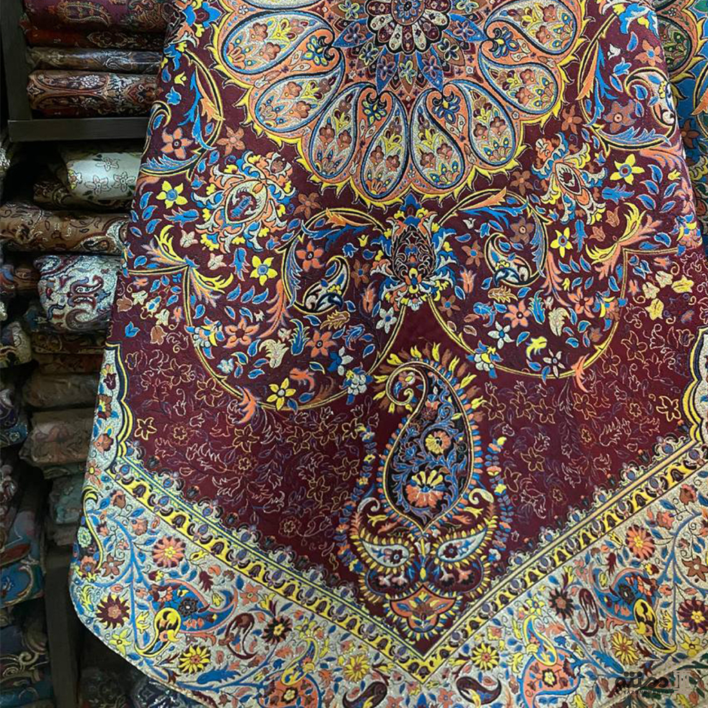رومیزی مربع ترمه طرح افشار رنگ زرشکی و آبی
