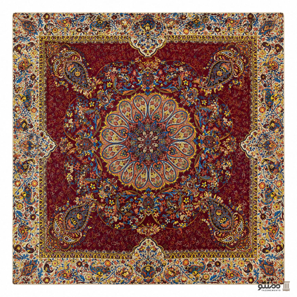 رومیزی مربع ترمه طرح افشار رنگ زرشکی و آبی